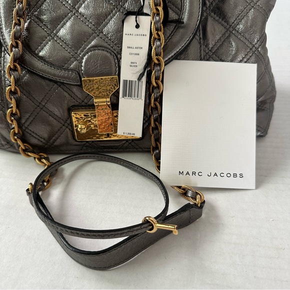 Marc Jacobs Leather Bag Astor metallic silver quilted Dustbag, Key, Cards, ta… - Picture 13 of 13
